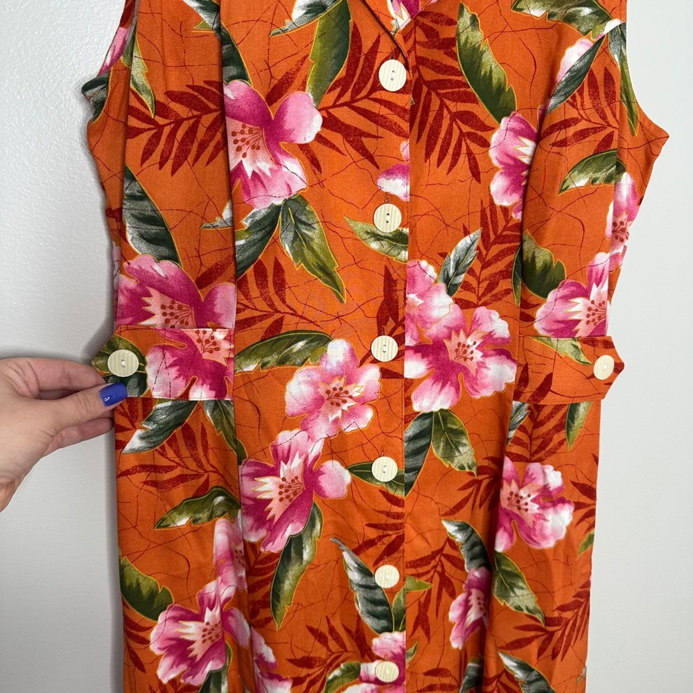 Erika Women's Vintage Orange Floral Print Button Front‎ Sleeveless Midi Dress M - Picture 5 of 9